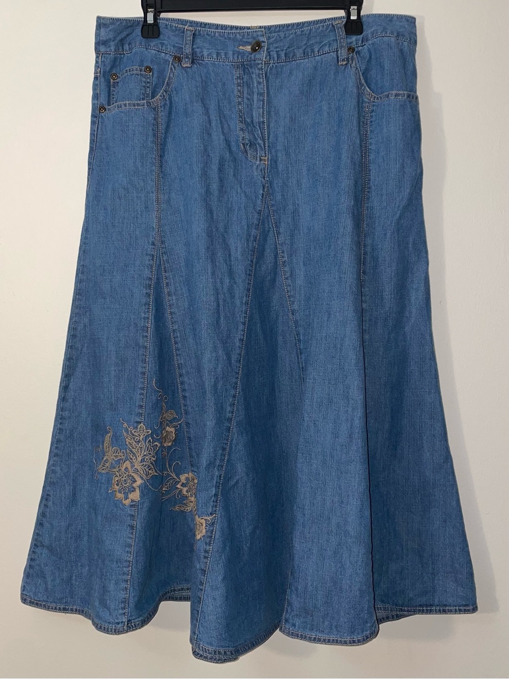 VTG Y2K Faded Glory Embroidered Boho Med Wash 100% Cotton Denim Midi Skirt